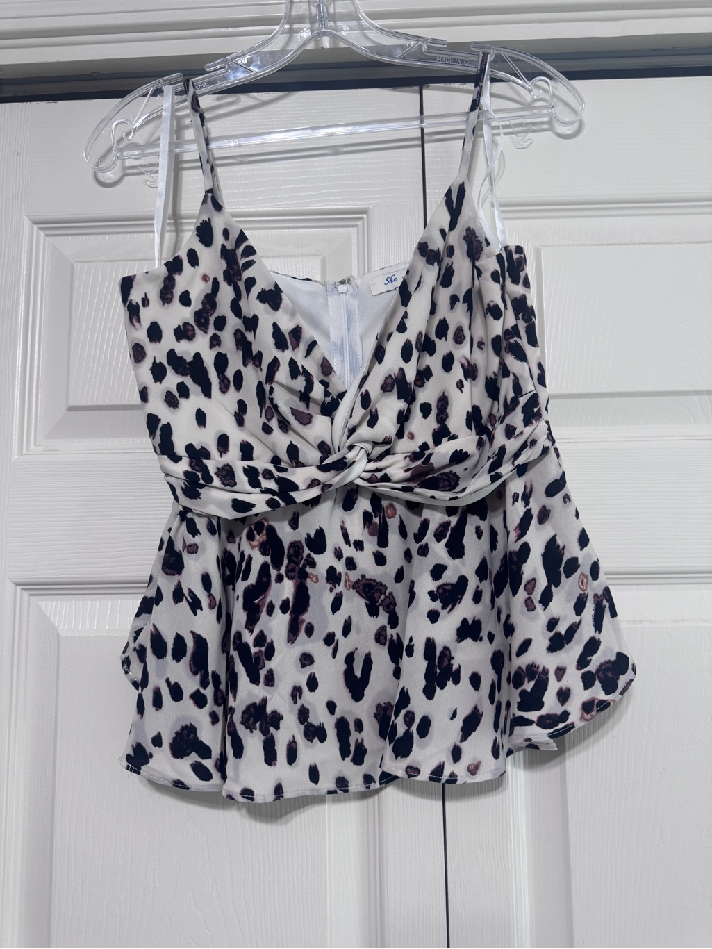 She + Sky White Leopard Print Twist-Front Peplum Camisole
